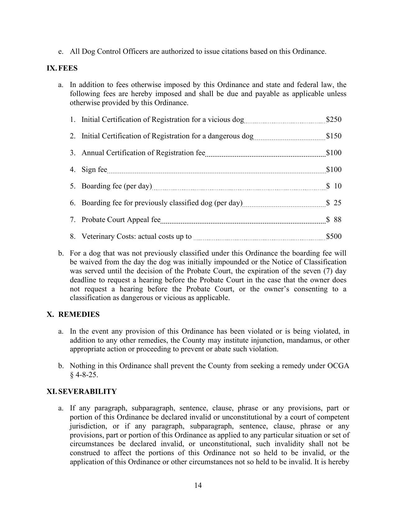 IX. FEES, X. REMEDIES, XI. SEVERABILITY