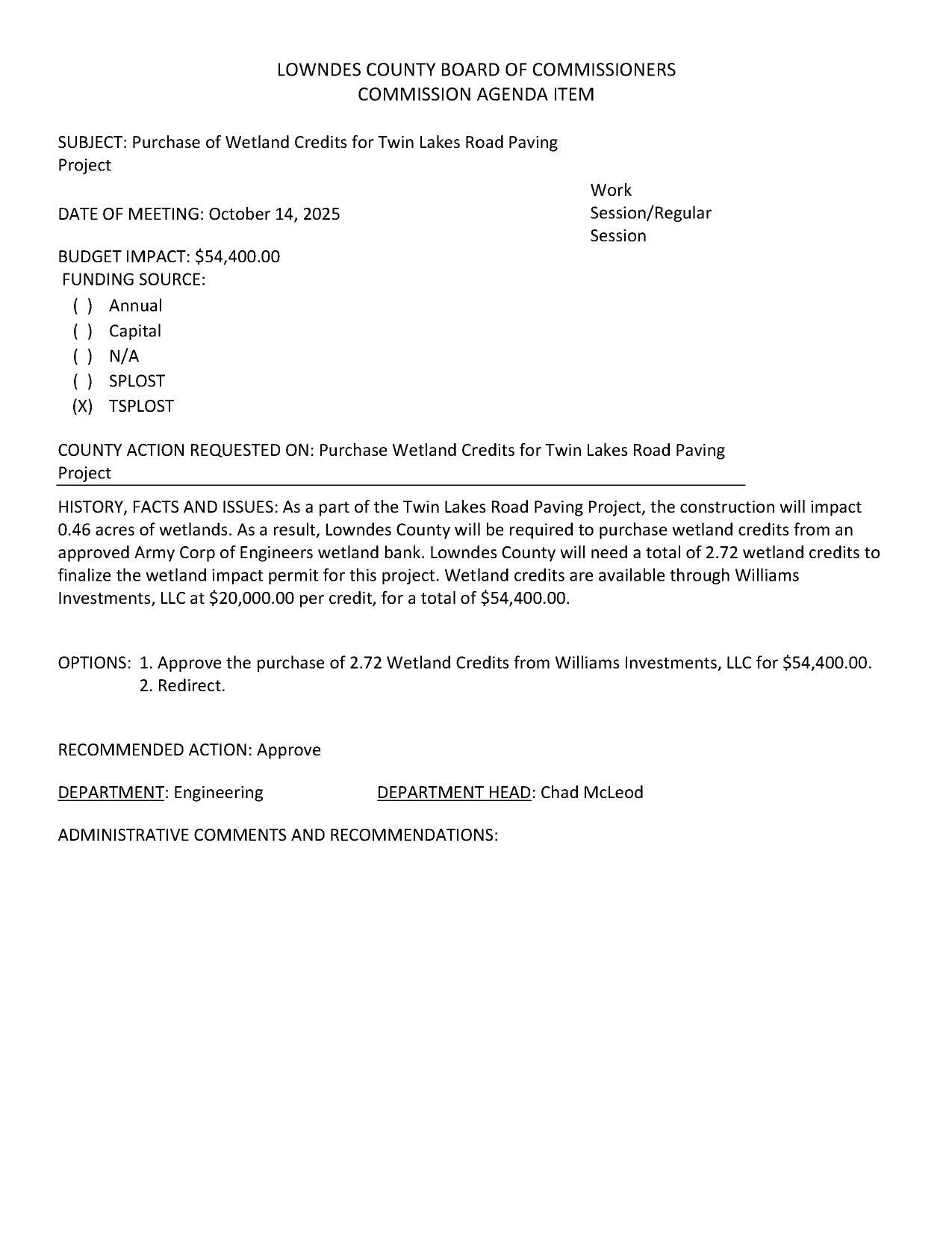 BUDGET IMPACT: $54,400.00 FUNDING SOURCE: (xX) TSPLOST