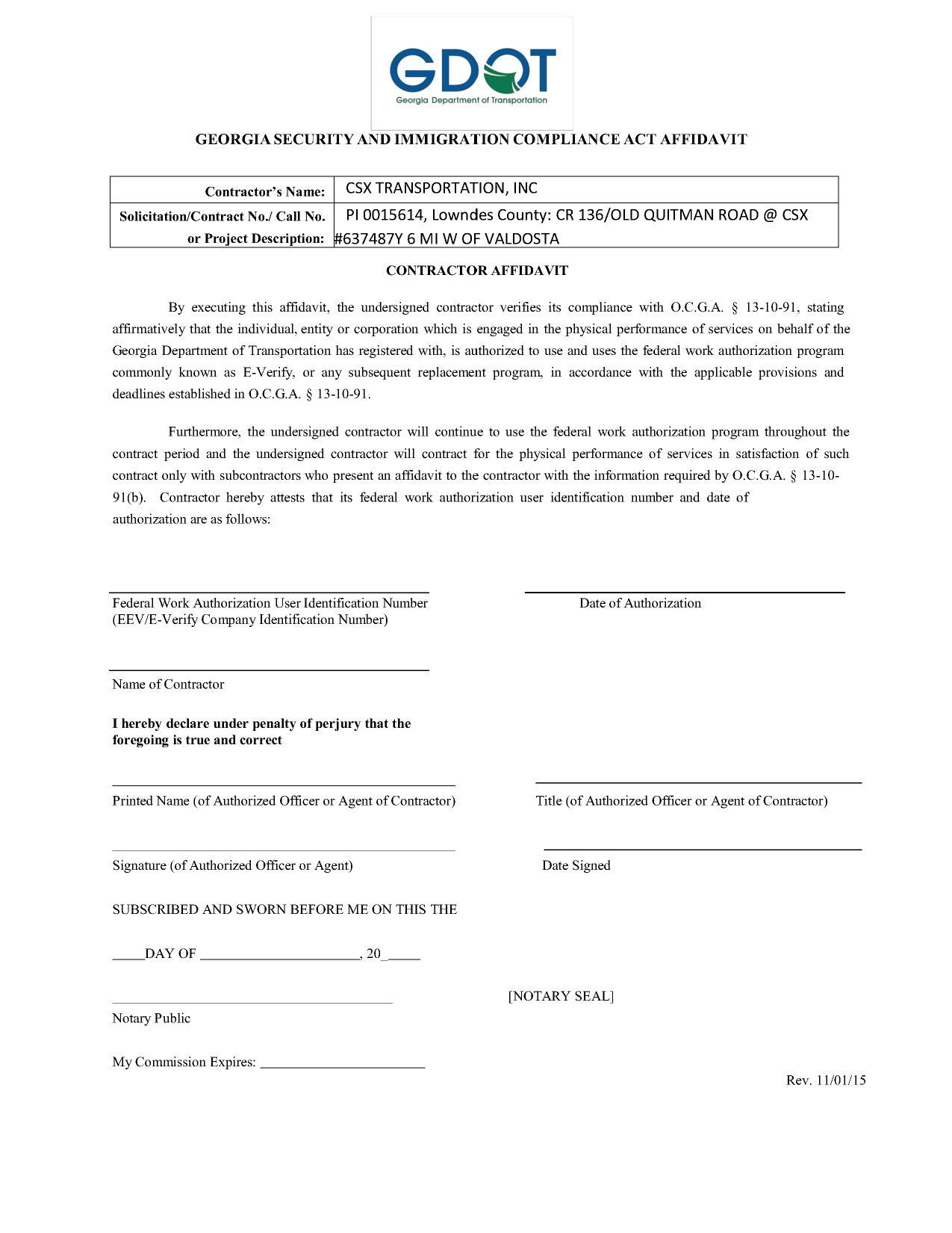 CSX GEORGIA SECURITY AND IMMIGRATION COMPLIANCE ACT AFFIDAVIT