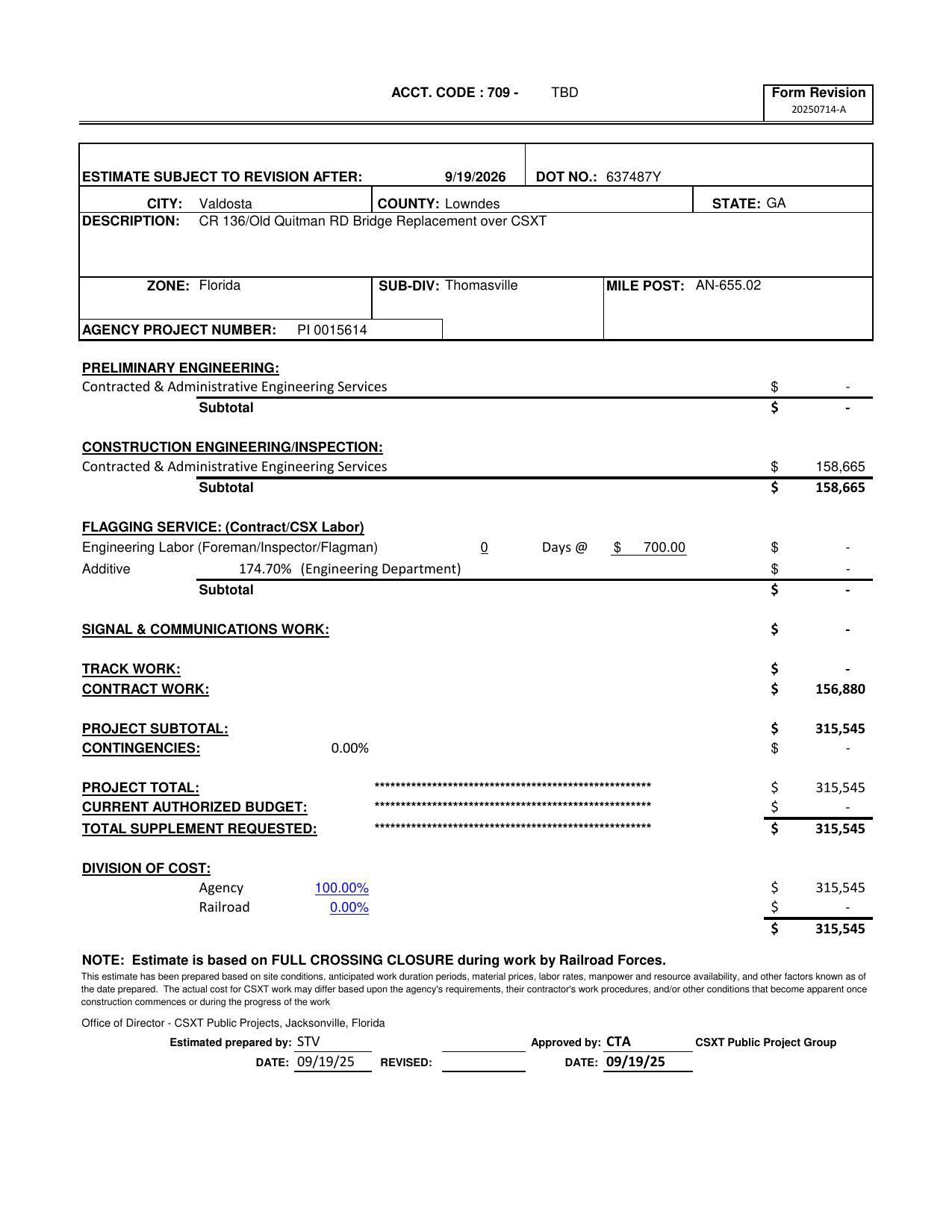 GDOT Cost Estimate to be paid by GDOT