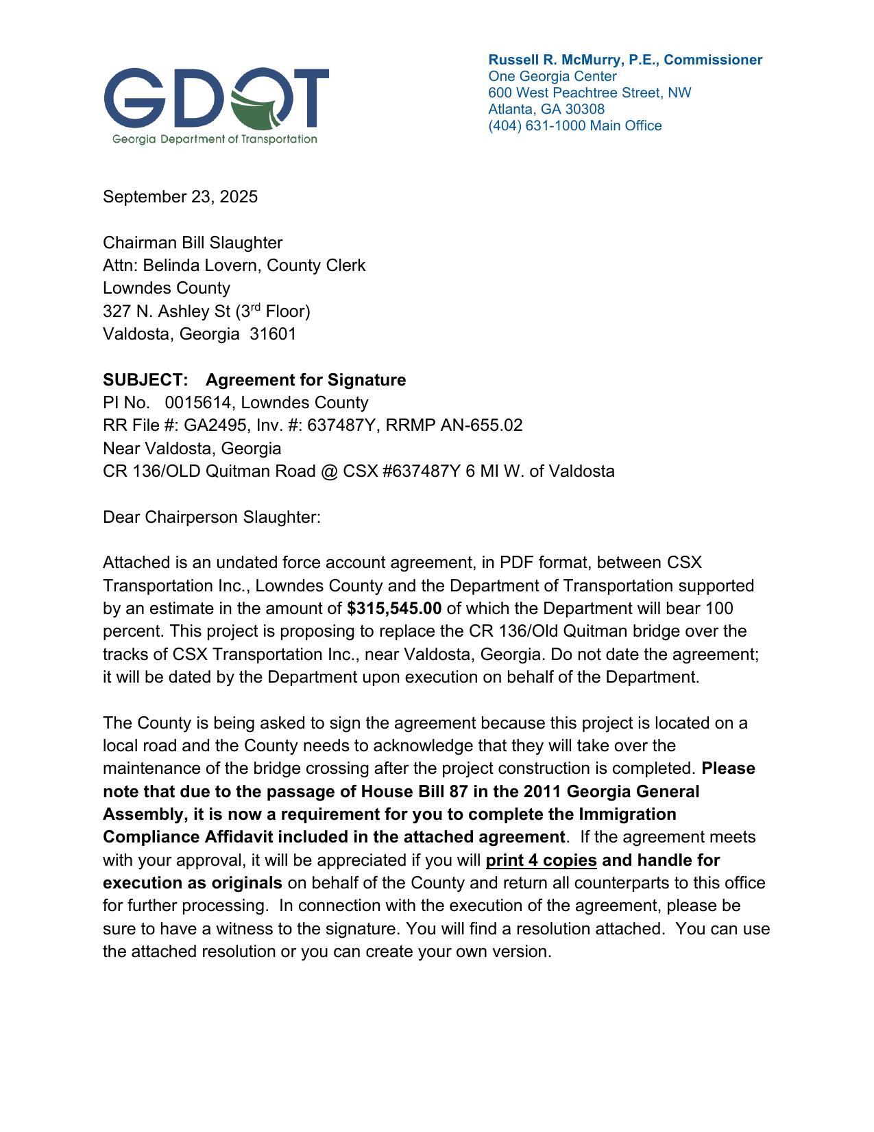 GDOT SUBJECT: Agreement for Signature