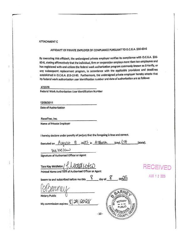 AFFIDAVIT OF PRIVATE EMPLOYER OF COMPLIANCE PURSUANT TO 0.C.6.A. §36-60-6