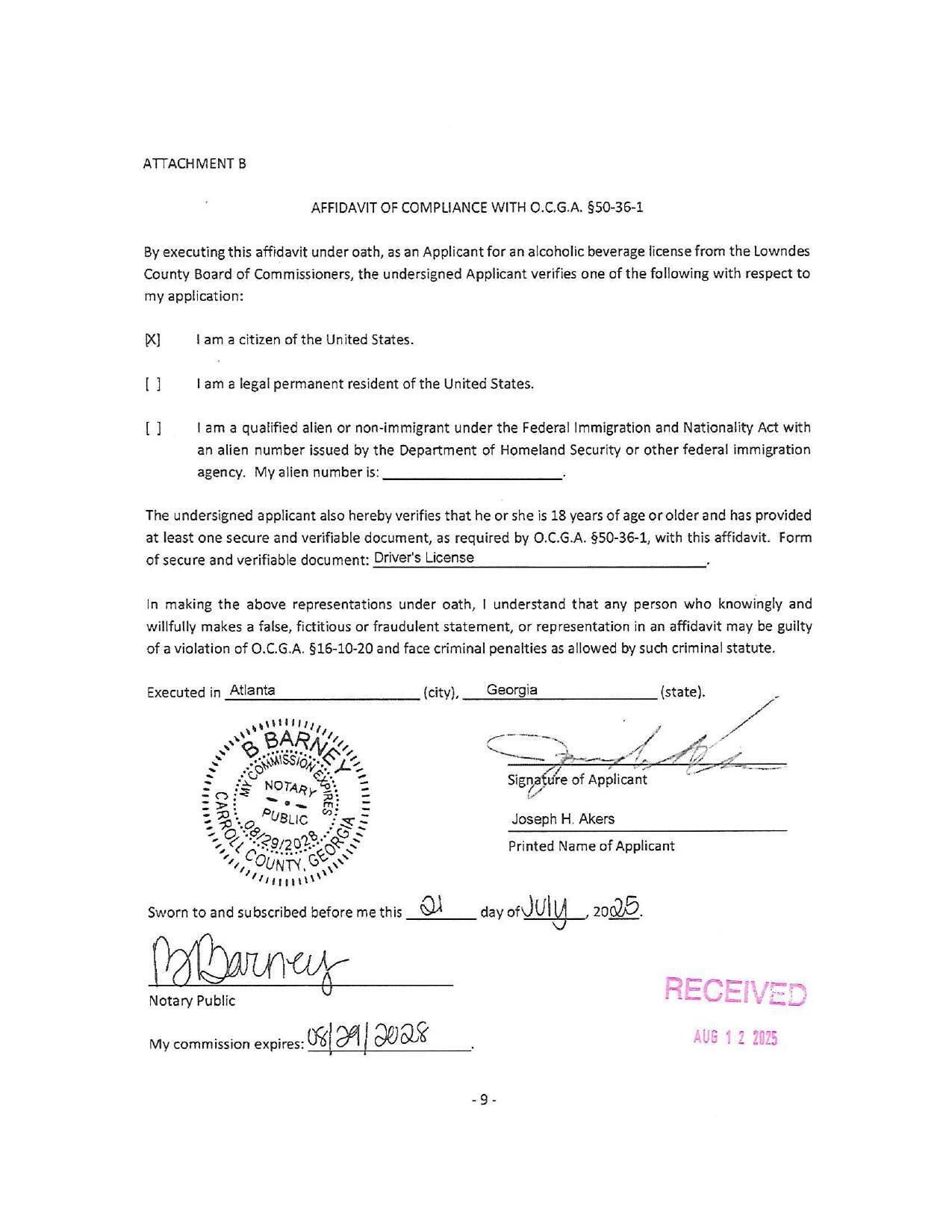 Joseph H. Akers, AFFIDAVIT OF COMPLIANCE WITH O.C.G.A. §50-36-1