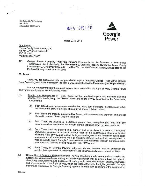 Agreement for planting Satsuma Orange Trees within Georgia Power RoW