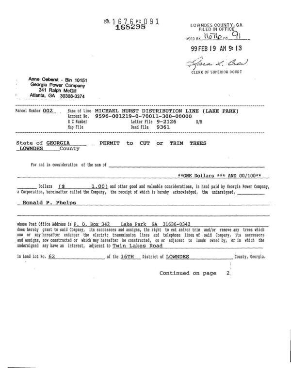 Permit to Cut or Trim Trees for Michael Hurst Distribution Line (Lake Park)