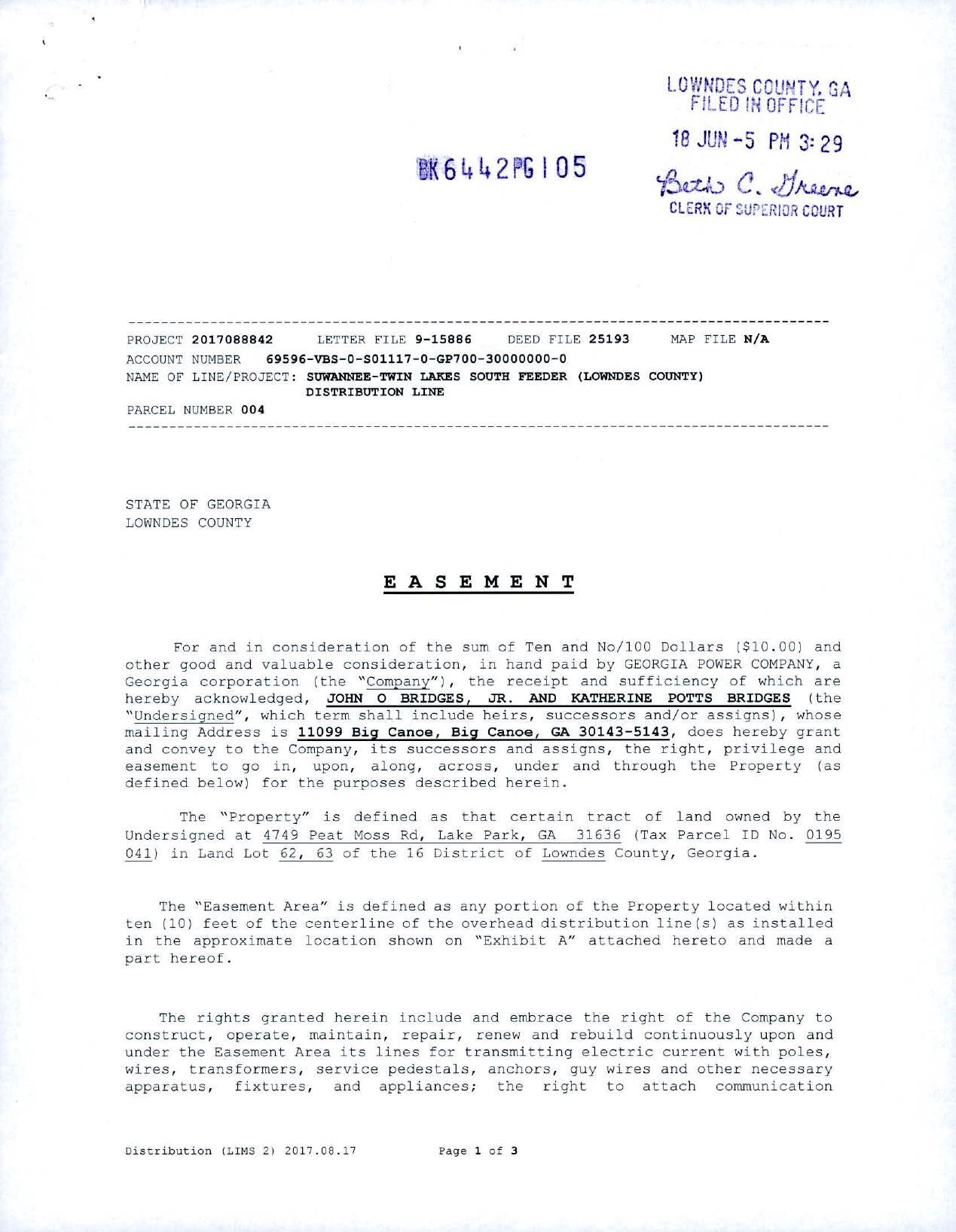 EASEMENT from John O Bridges Jr. and Katherine Potts Bridges