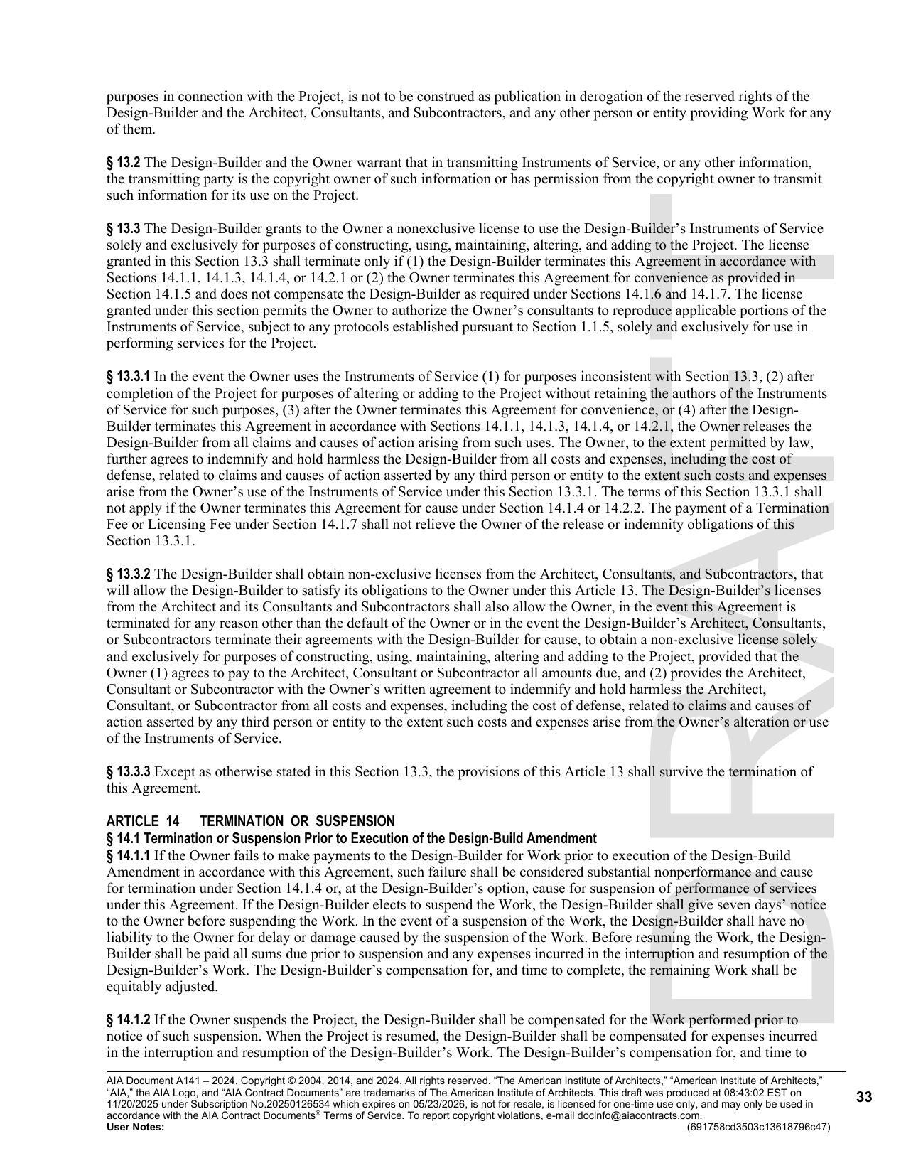 under this Agreement. If the Design-Builder elects to suspend the Work, the Design-Builder shall give seven days’ notice
