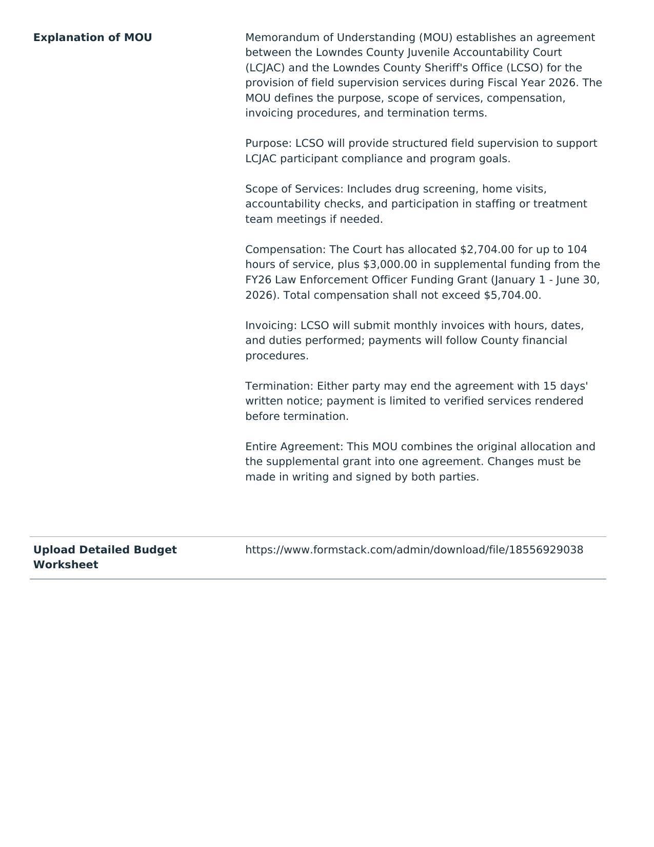 Memorandum of Understanding (MOU) establishes an agreement