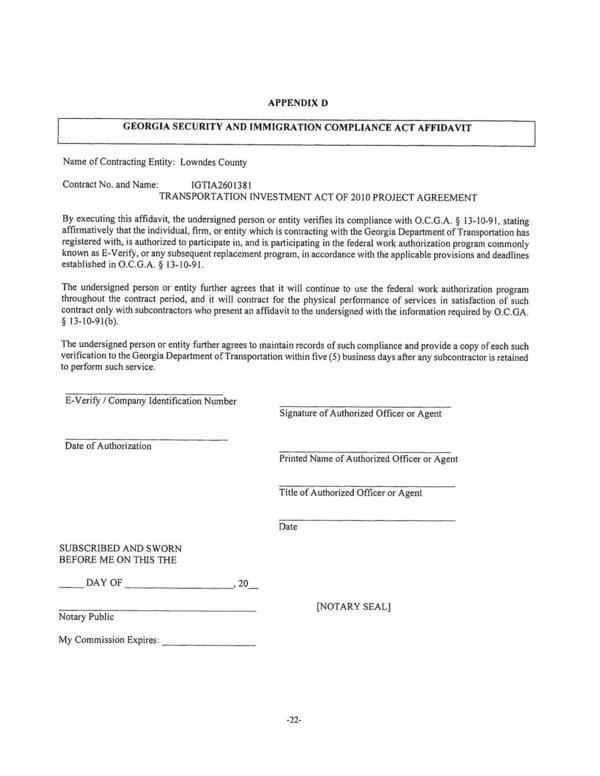 TRANSPORTATION INVESTMENT ACT OF 2010 PROJECT AGREEMENT