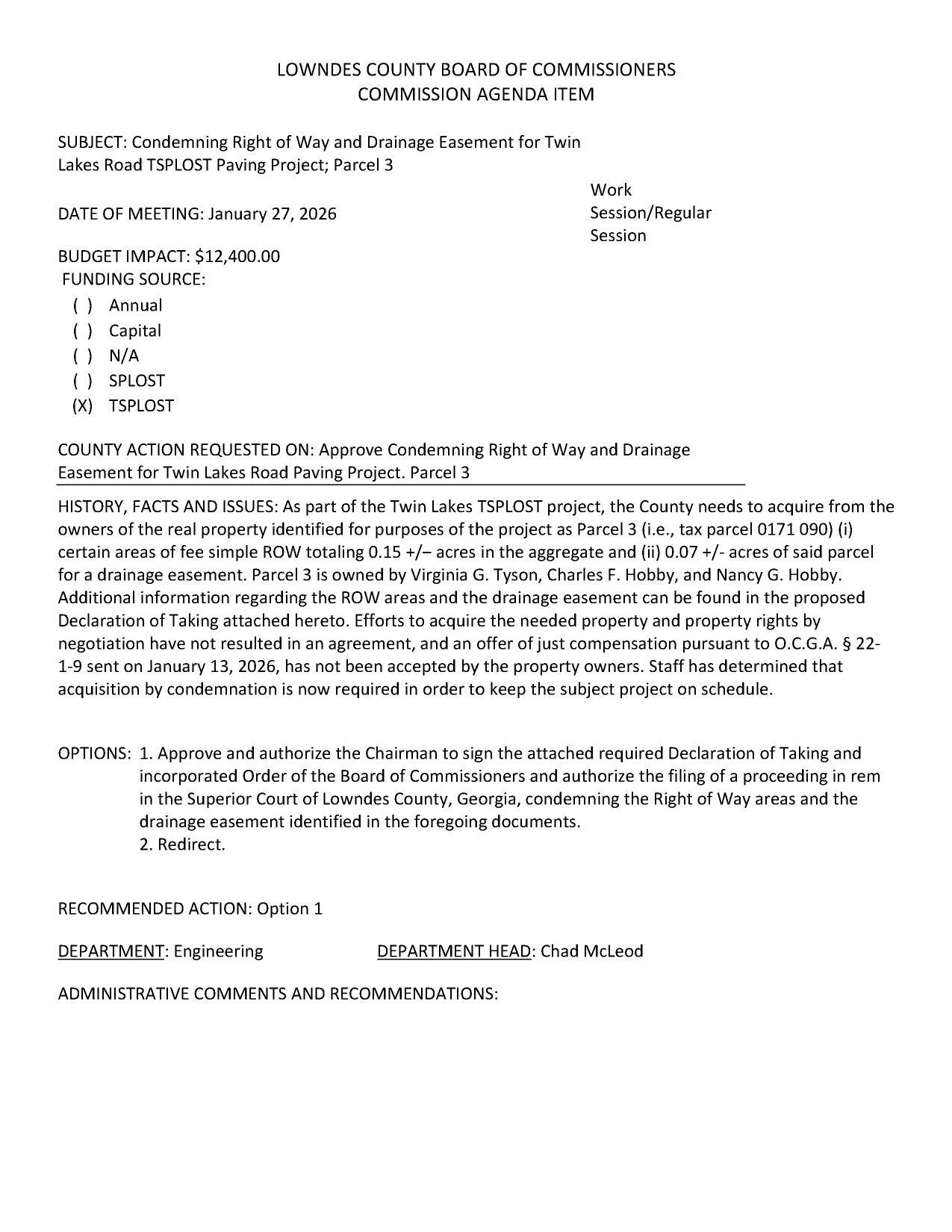 BUDGET IMPACT: $12,400.00 FUNDING SOURCE: (xX) TSPLOST