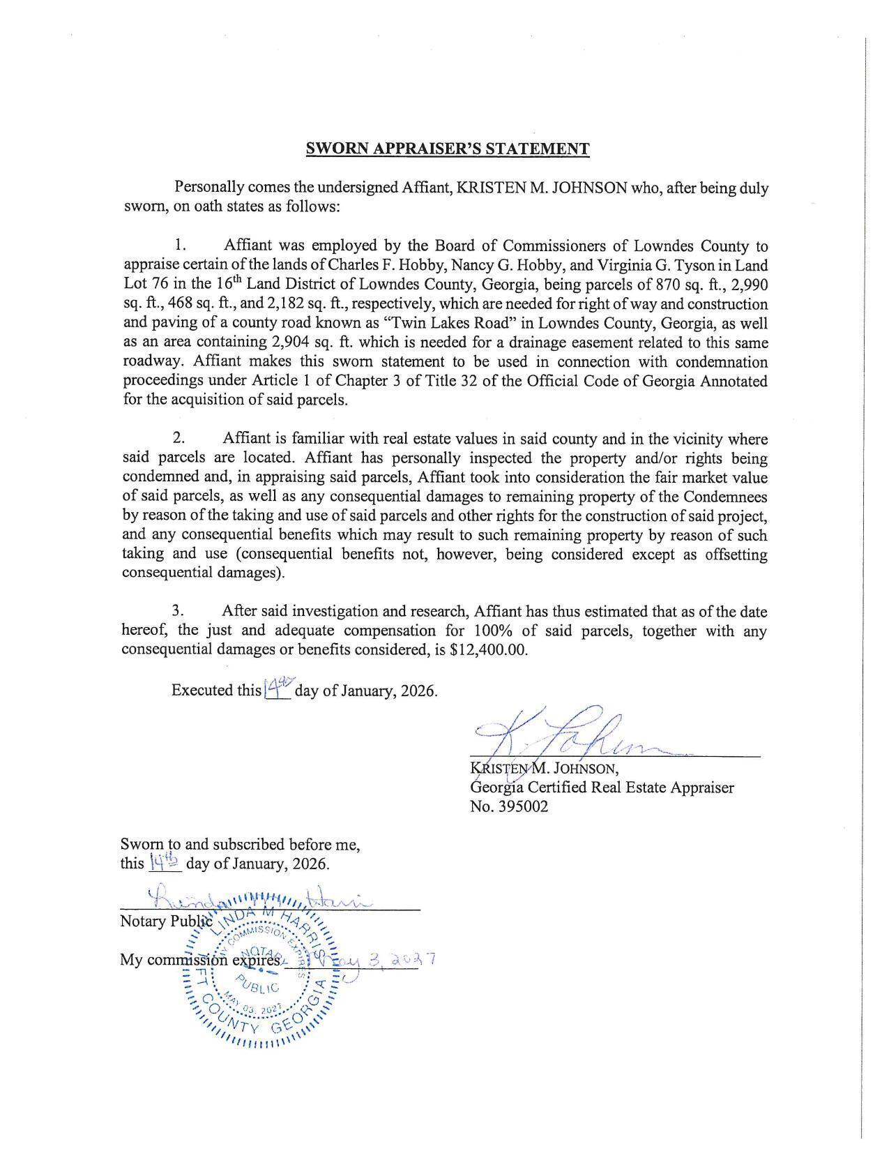 SWORN APPRAISER’S STATEMENT