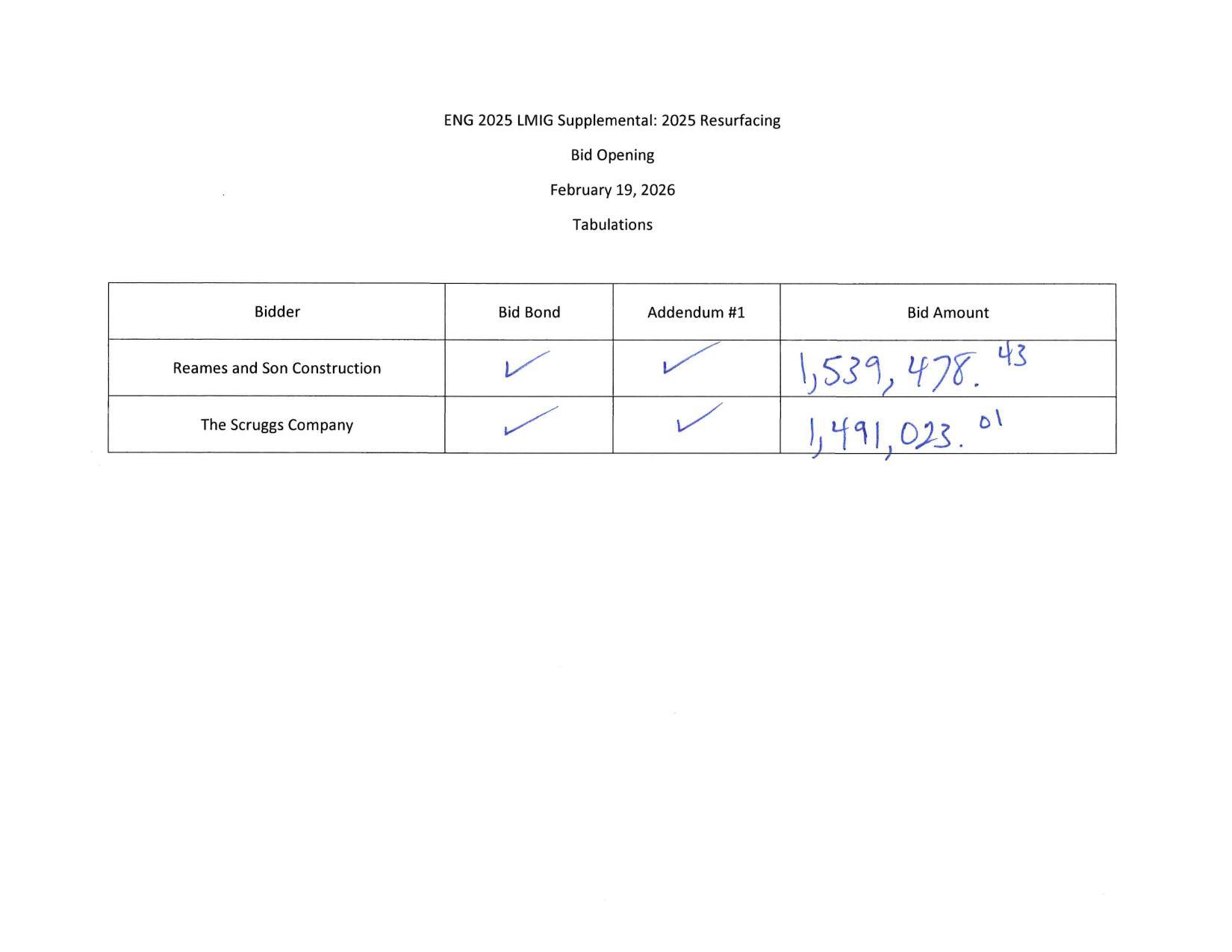 Table: two bids