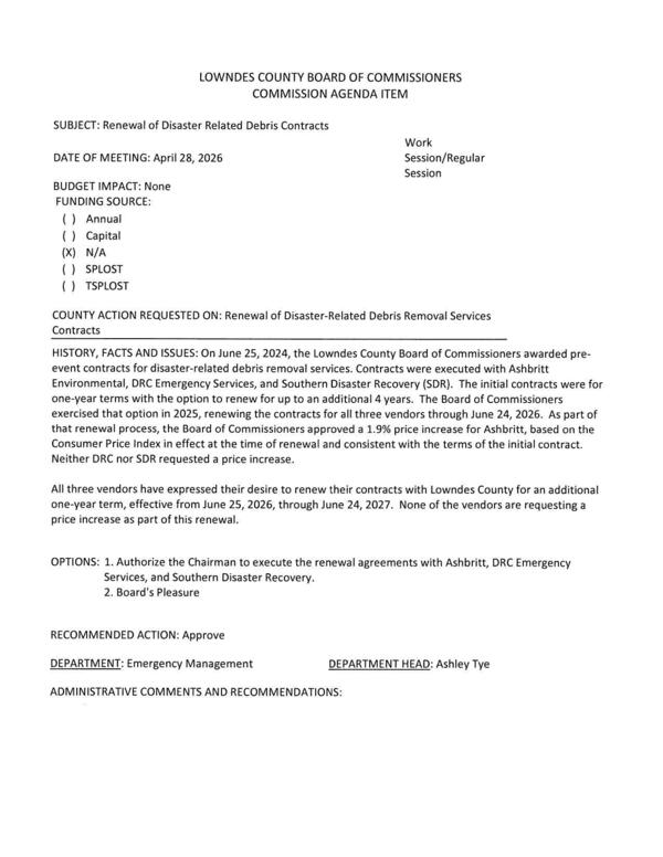 [Renew contracts through June 24, 2027, with Ashbritt Environmental, DRC Emergency Services, and Southern Disaster Recovery (SDR).]