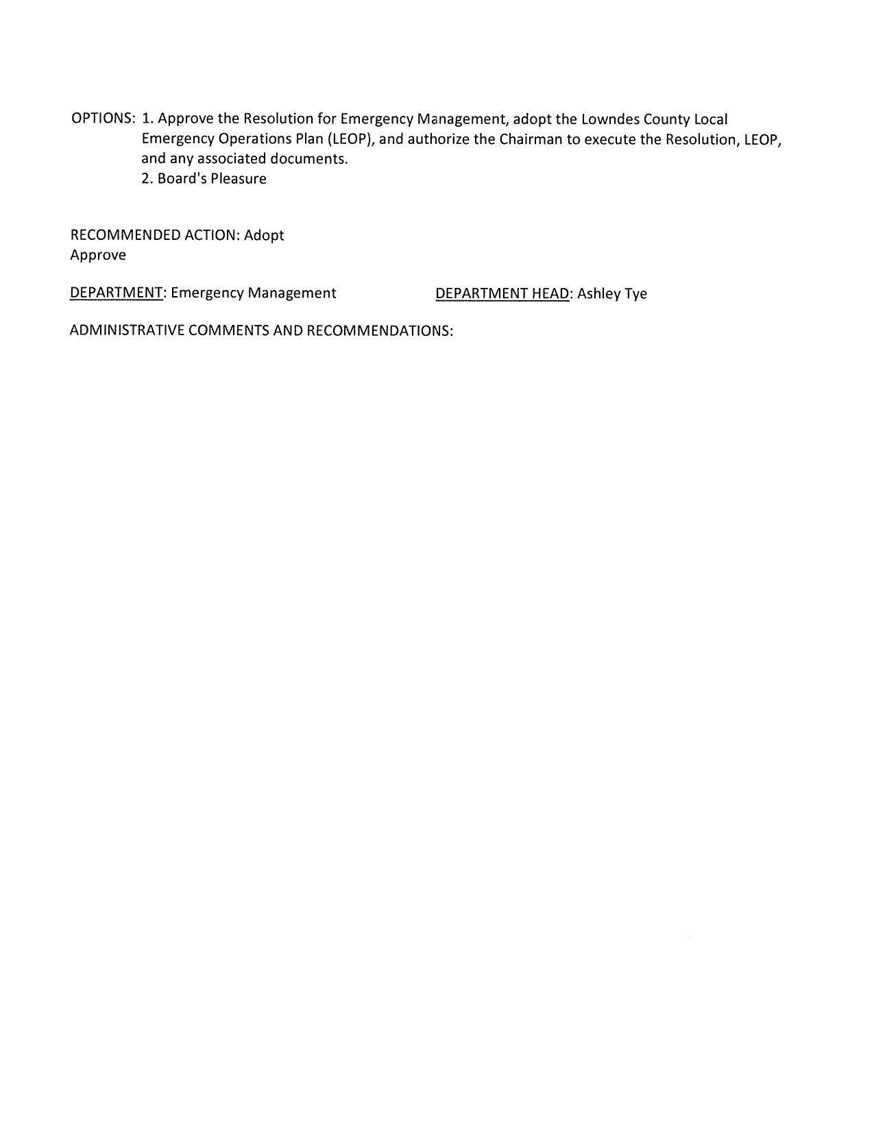 DEPARTMENT: Emergency Management DEPARTMENT HEAD: Ashley Tye