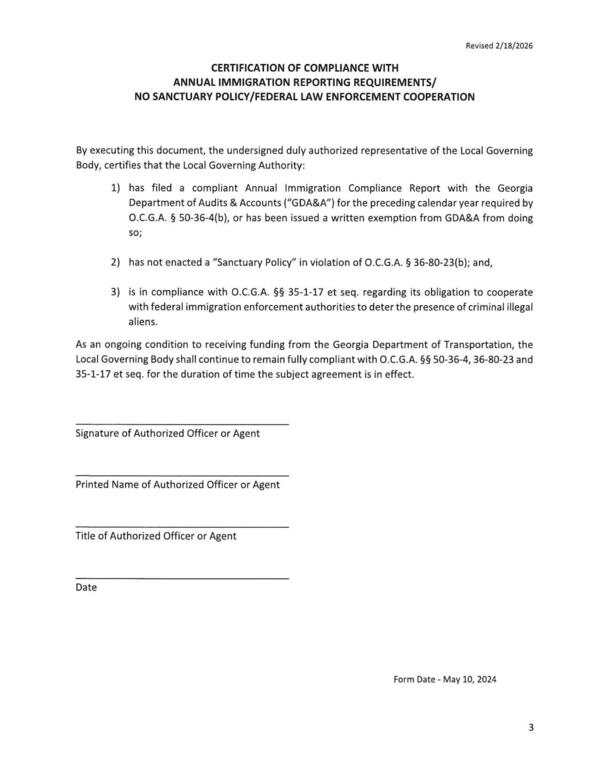 CERTIFICATION OF COMPLIANCE WITH ANNUAL IMMIGRATION REPORTING REQUIREMENTS/ NO SANCTUARY POLICY/FEDERAL LAW ENFORCEMENT COOPERATION