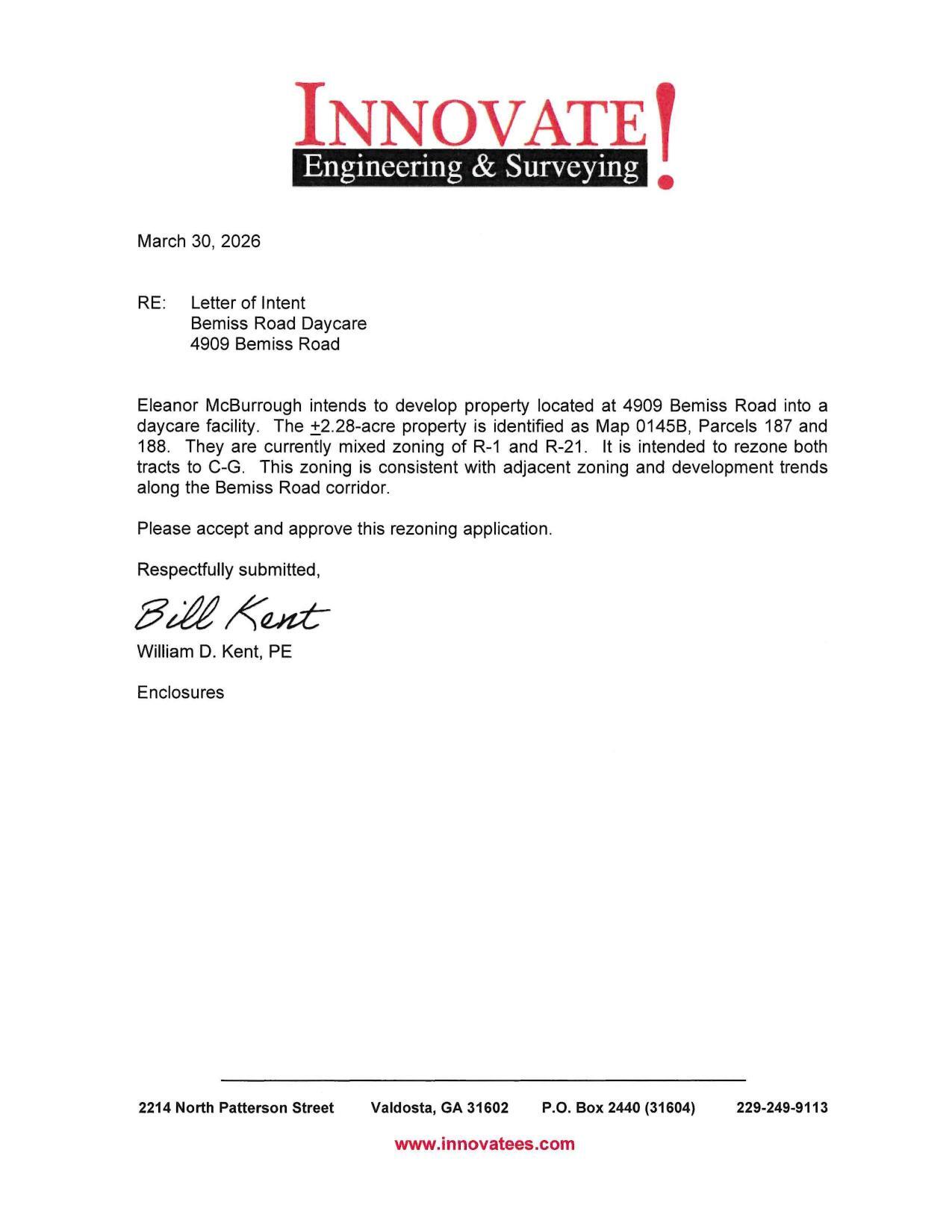 Letter of Intent from William D. Kent for Elaanor McBurrough