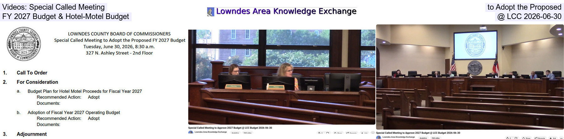 [Videos: Special Called Meeting to Adopt the Proposed FY 2027 Budget & Hotel-Motel Budget @ LCC 2026-06-30]