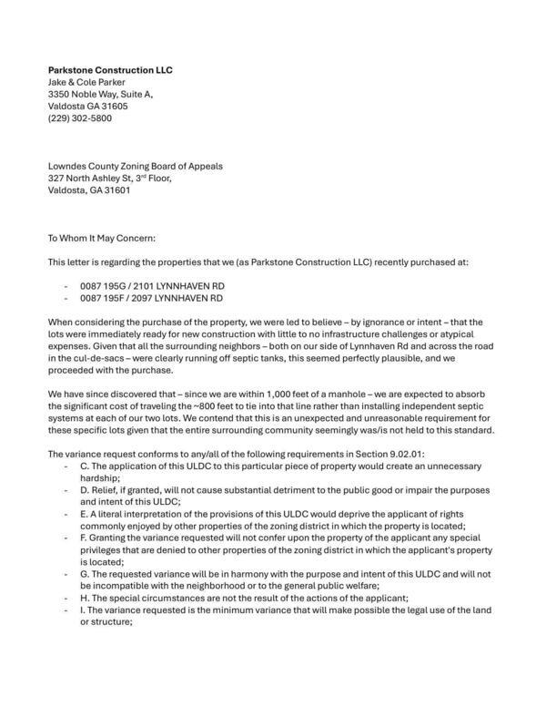 Request for a variance from Jake and Cole Parker